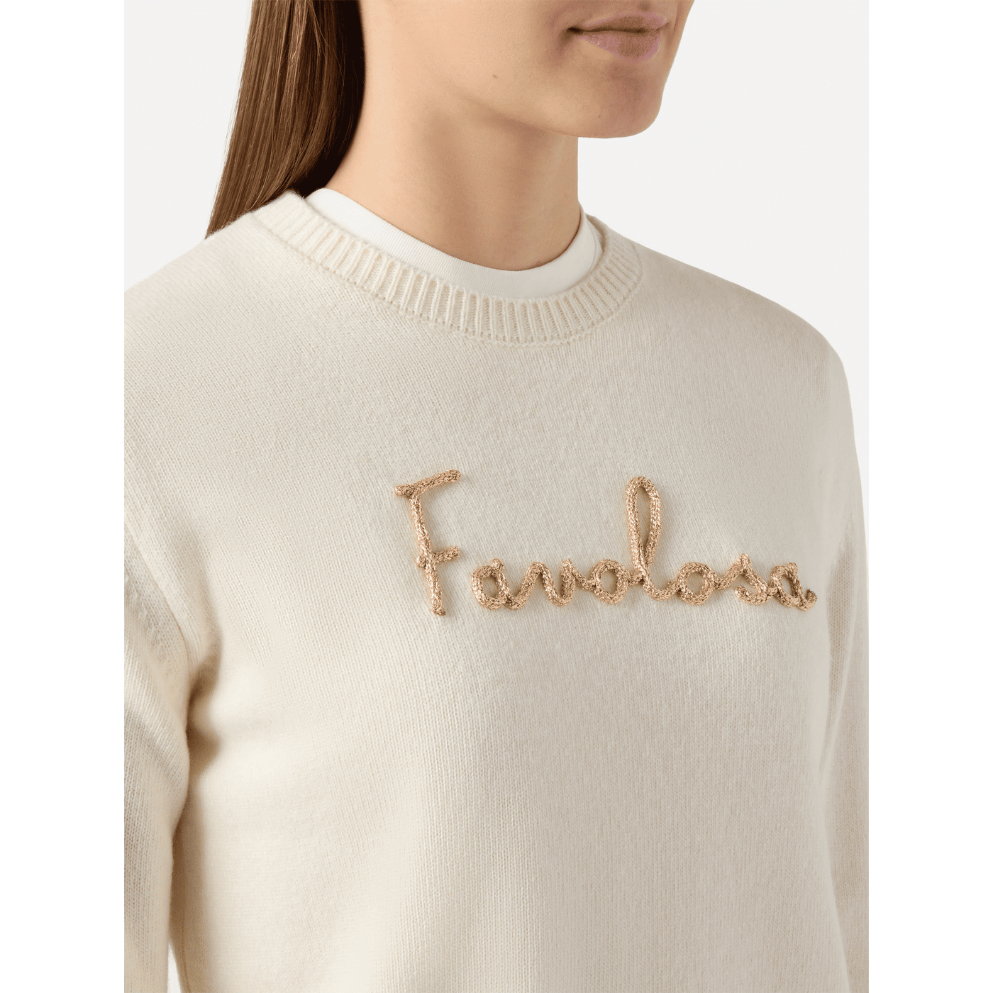 Maglione New Queen in misto cashmere bianco con ricamo lurex Favolosa