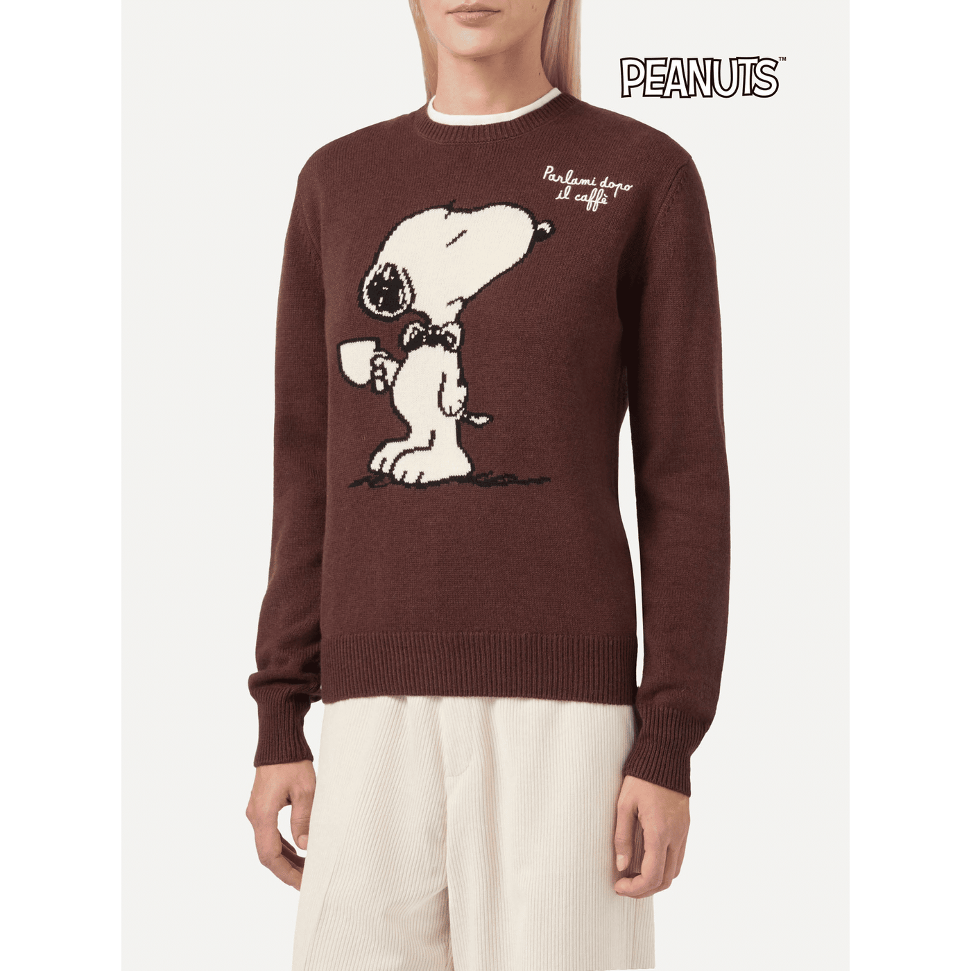 Maglione New Queen in misto cashmere marrone con jacquard Snoopy e ricamo | PEANUTS SPECIAL EDITION
