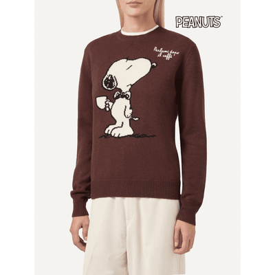 Maglione New Queen in misto cashmere marrone con jacquard Snoopy e ricamo | PEANUTS SPECIAL EDITION