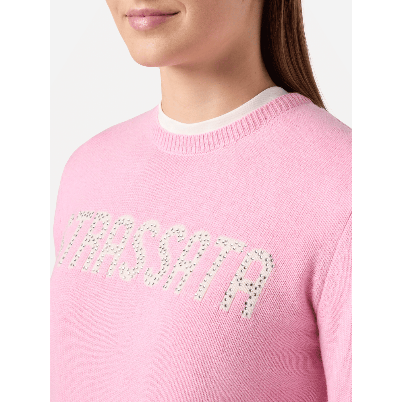 Maglione New Queen in misto cashmere rosa con applicazione in strass Strassata
