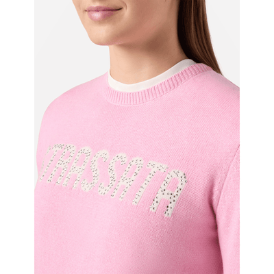 Maglione New Queen in misto cashmere rosa con applicazione in strass Strassata