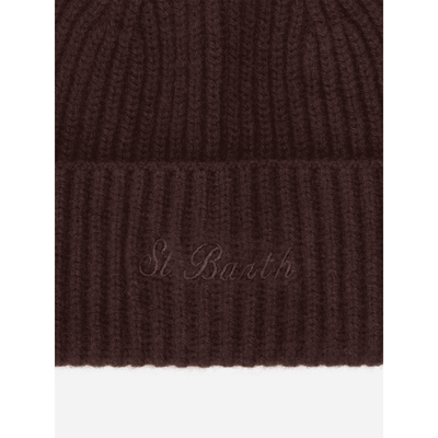 Berretto Moss in maglia marrone a coste con ricamo St. Barth