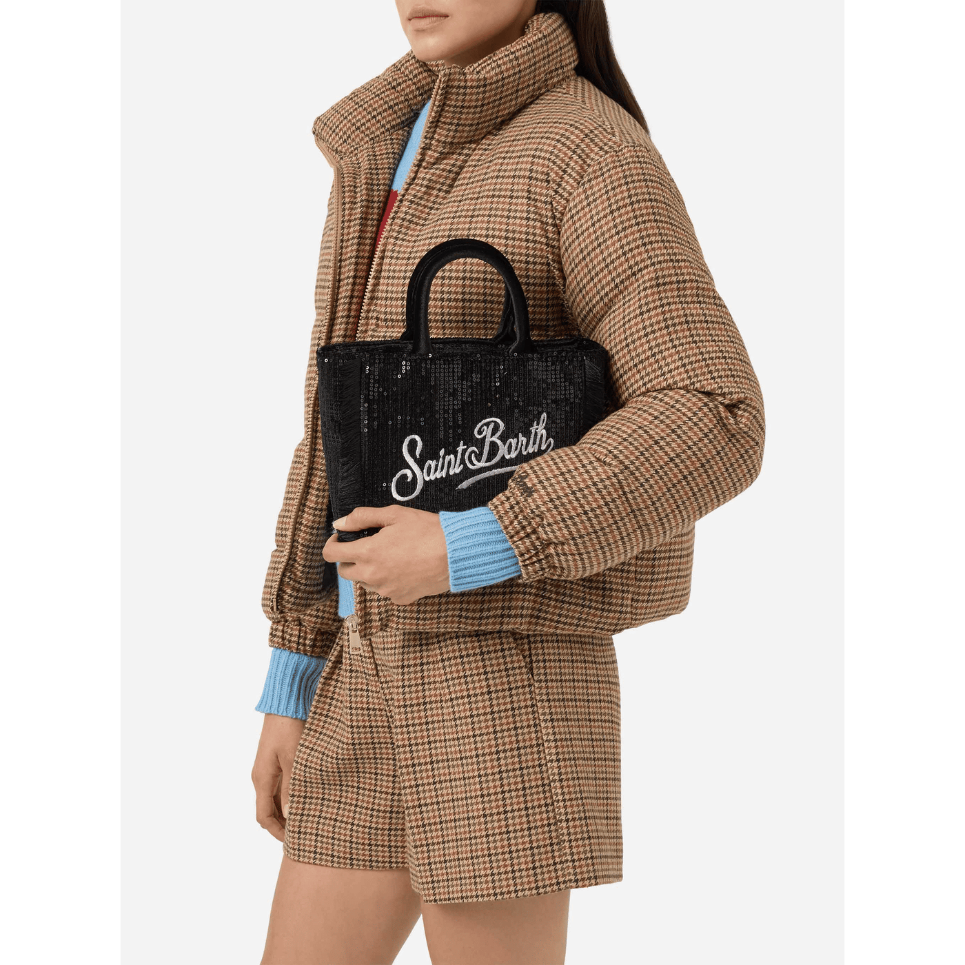 Borsa a mano Vanity Mini Velvet in velluto e paillettes nero