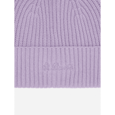 Berretto Moss in maglia lilla a coste con ricamo St. Barth