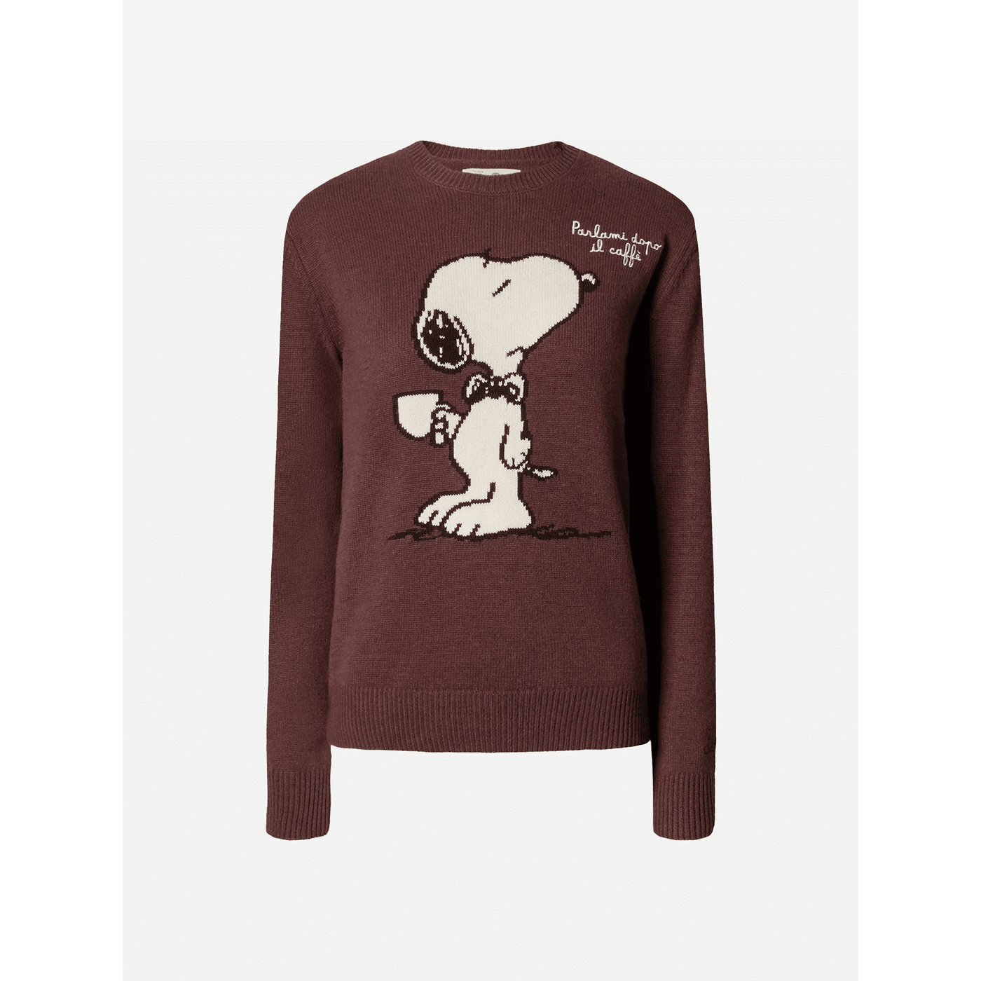 Maglione New Queen in misto cashmere marrone con jacquard Snoopy e ricamo | PEANUTS SPECIAL EDITION