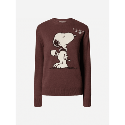 Maglione New Queen in misto cashmere marrone con jacquard Snoopy e ricamo | PEANUTS SPECIAL EDITION