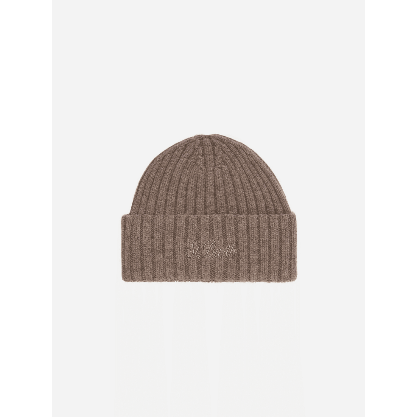 Berretto Wengen in lana nocciola con ricamo St. Barth sul risvolto