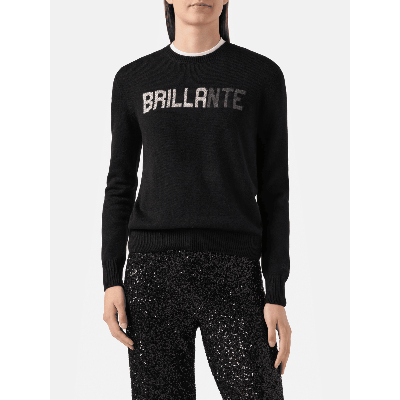 Maglione New Queen in misto cashmere nero con applicazione in strass Brillante