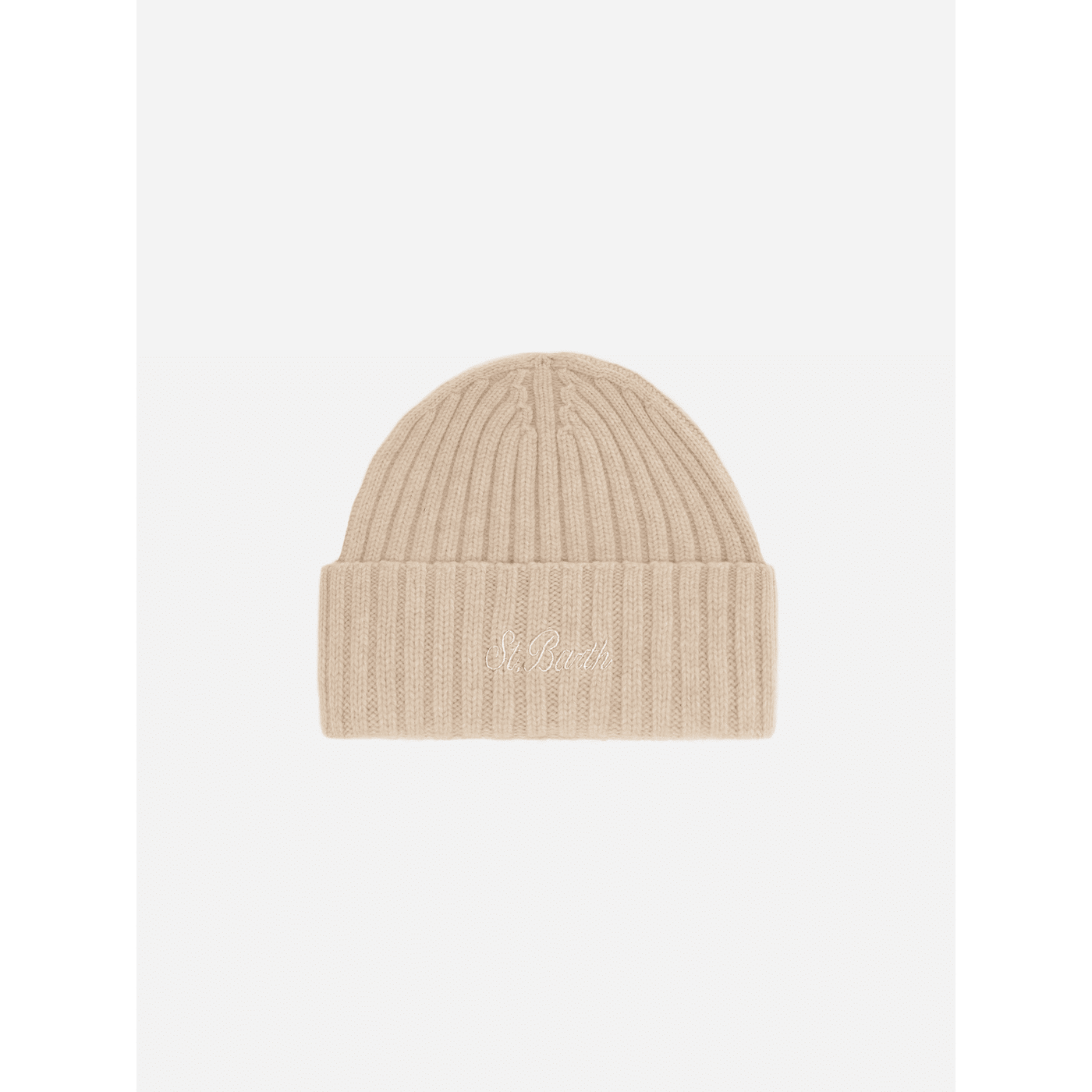 Berretto Wengen in lana beige con ricamo St. Barth sul risvolto