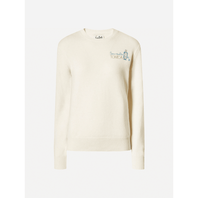 Maglione New Queen in misto cashmere bianco con ricamo Sono molto tonica