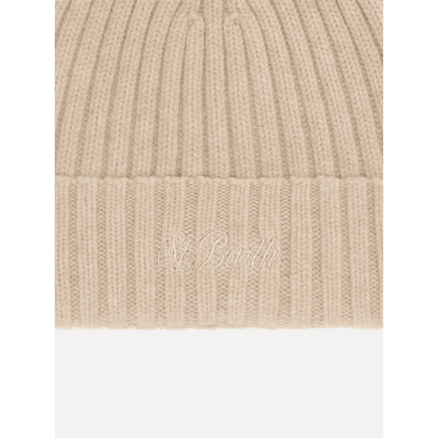 Berretto Wengen in lana beige con ricamo St. Barth sul risvolto