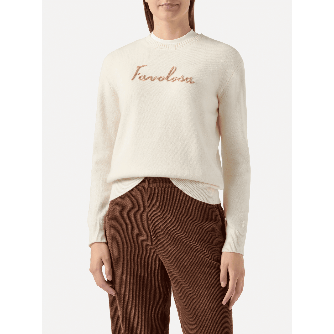 Maglione New Queen in misto cashmere bianco con ricamo lurex Favolosa