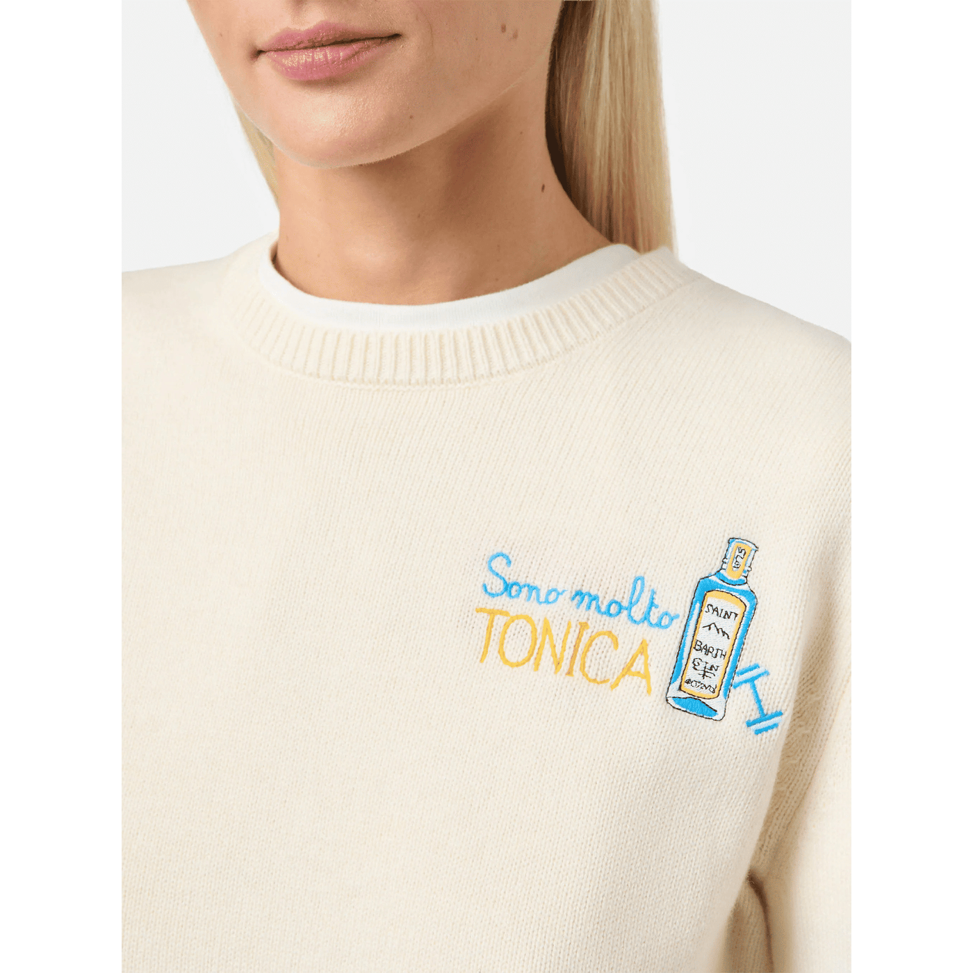 Maglione New Queen in misto cashmere bianco con ricamo Sono molto tonica