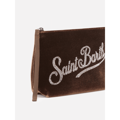 Pochette Aline Velvet in velluto cammello e strass
