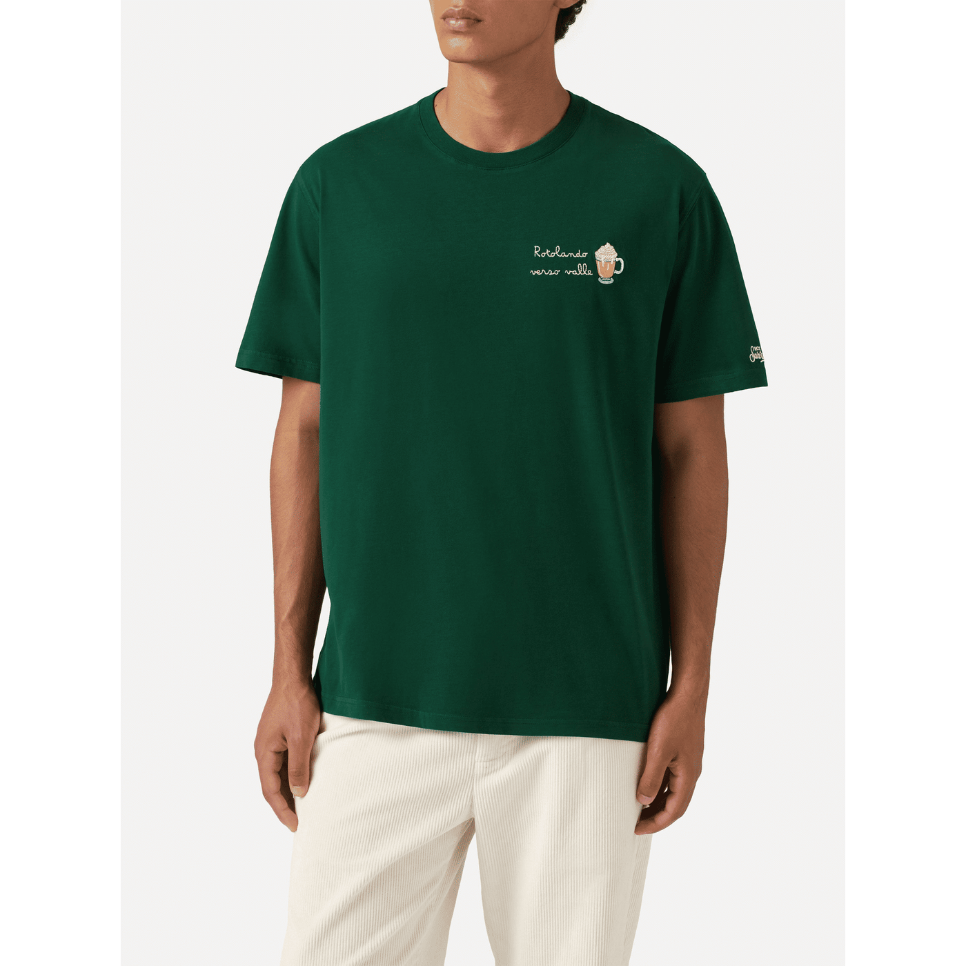 T-shirt Arnott warm touch in cotone verde con ricamo Rotolando verso valle
