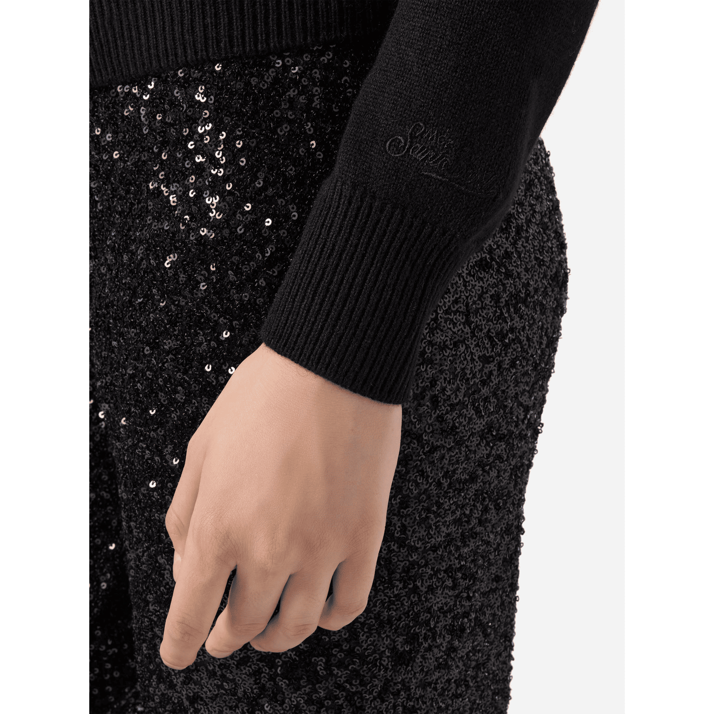Maglione New Queen in misto cashmere nero con applicazione in strass Brillante