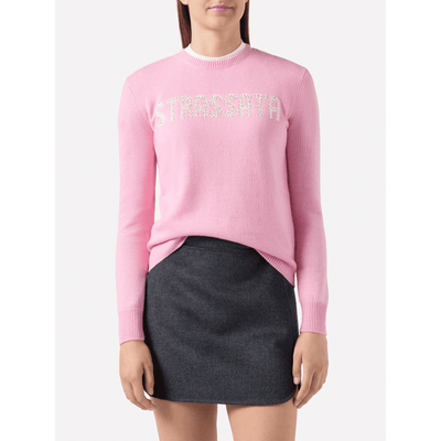 Maglione New Queen in misto cashmere rosa con applicazione in strass Strassata