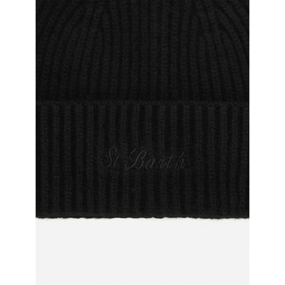 Berretto Moss in maglia nera a coste con ricamo St. Barth