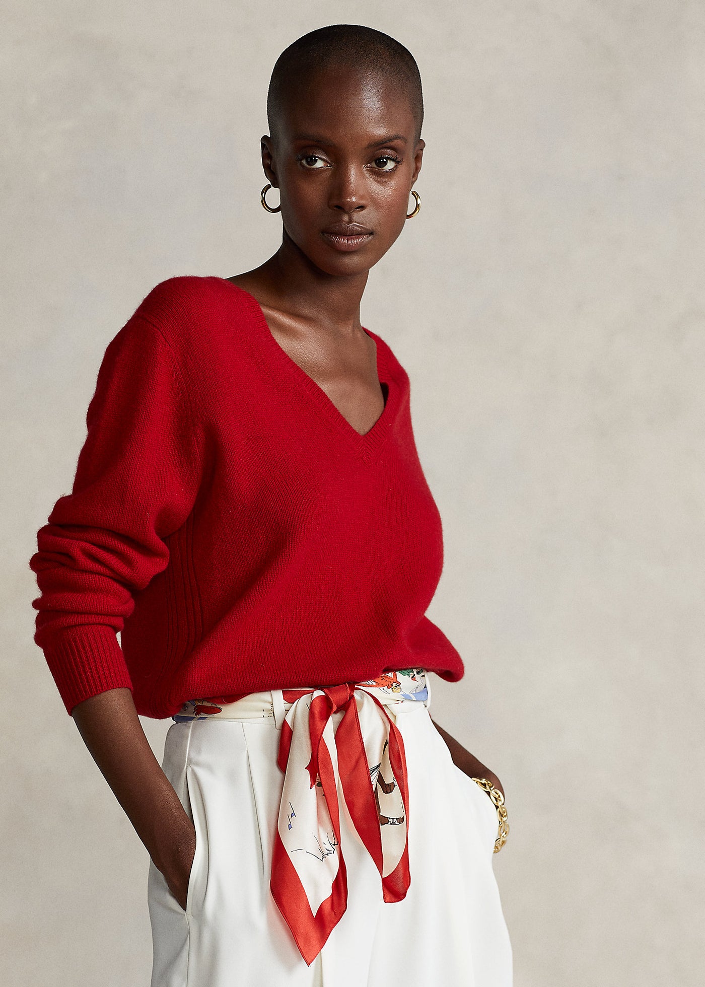 maglione ralph lauren donna rosso foto su modella prodotto intero