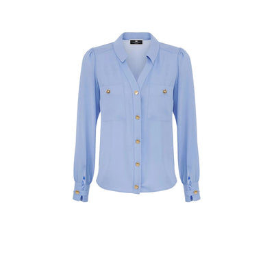Camicia da donna firmata elisabetta franchi color pervinca con scollo a V e bottoni in metallo dorati con dettaglio bussola. 