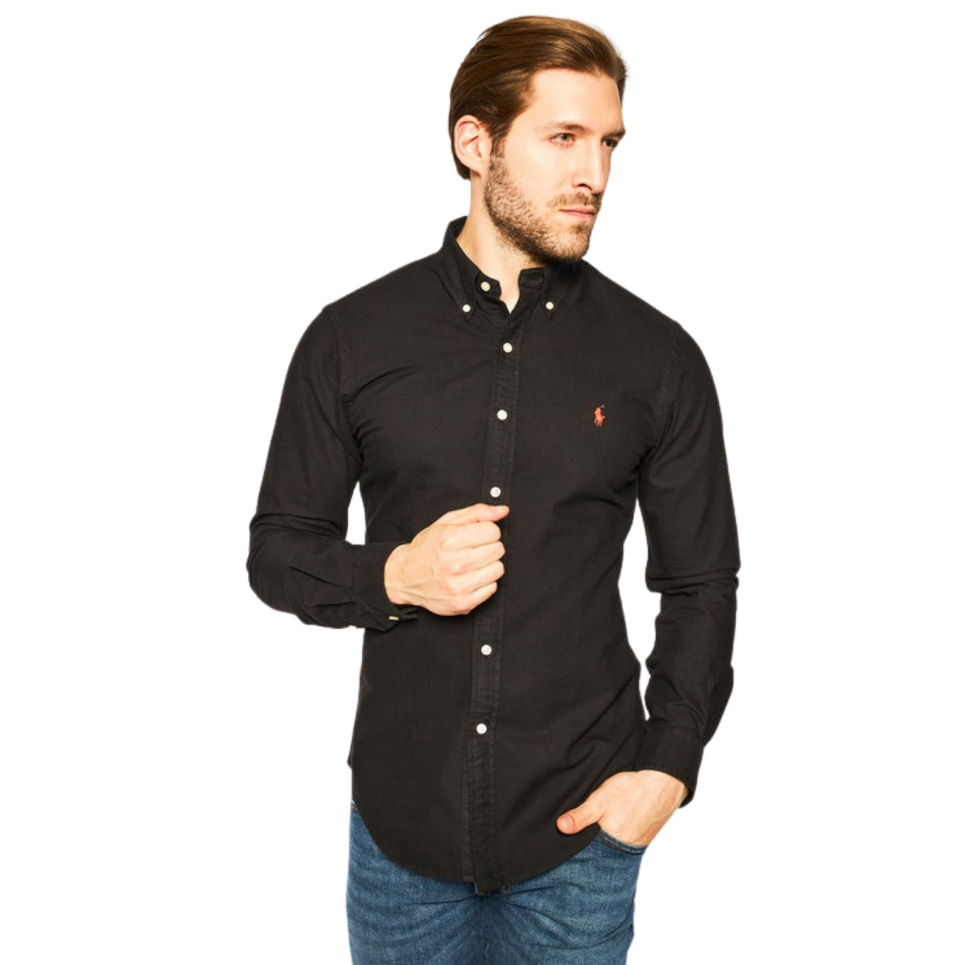 Camicia uomo nero Polo Ralph Lauren su modello vista frontale