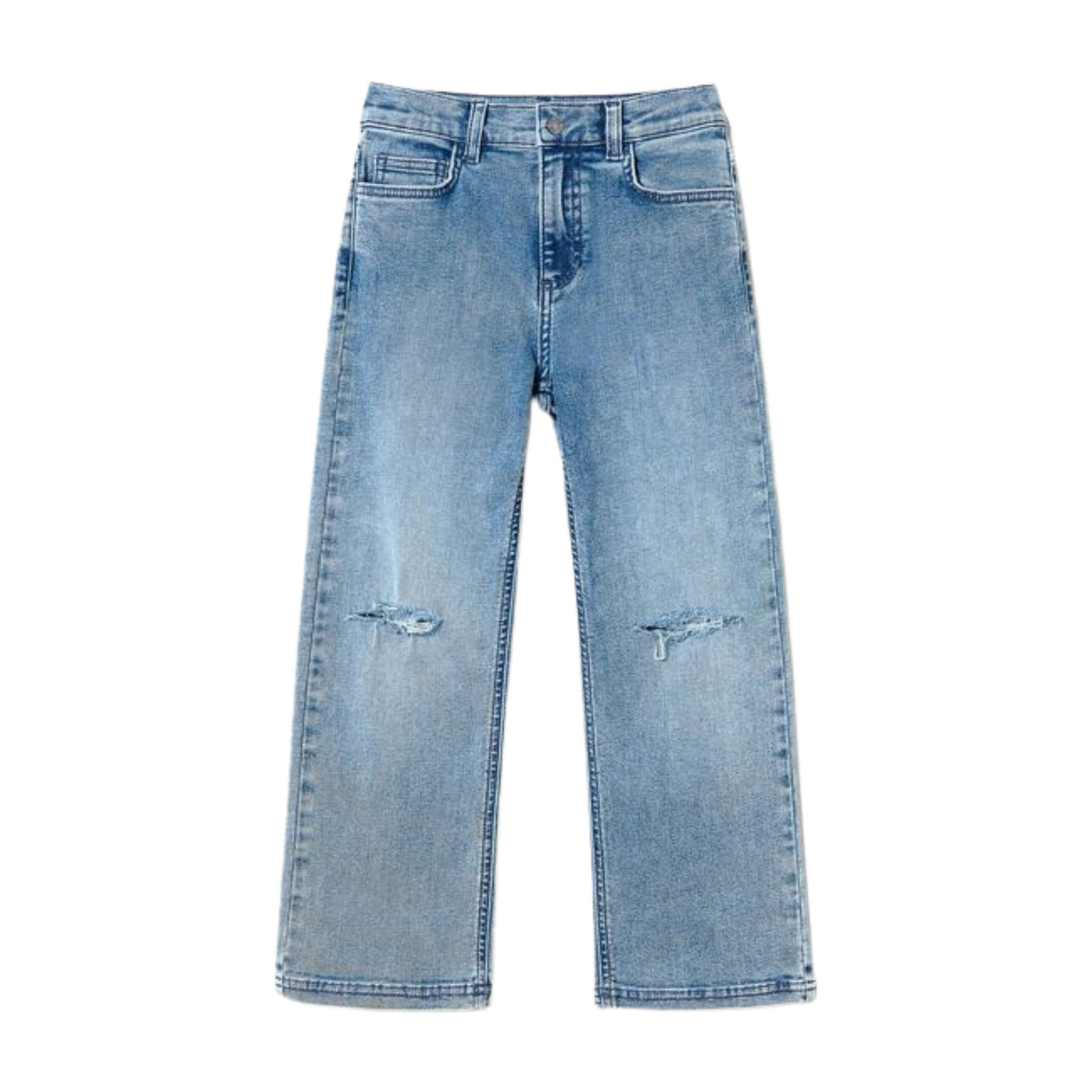 Jeans da bambina firmati Twinset in denim chiaro con spacchi sulle ginocchia. Vista frontale. 