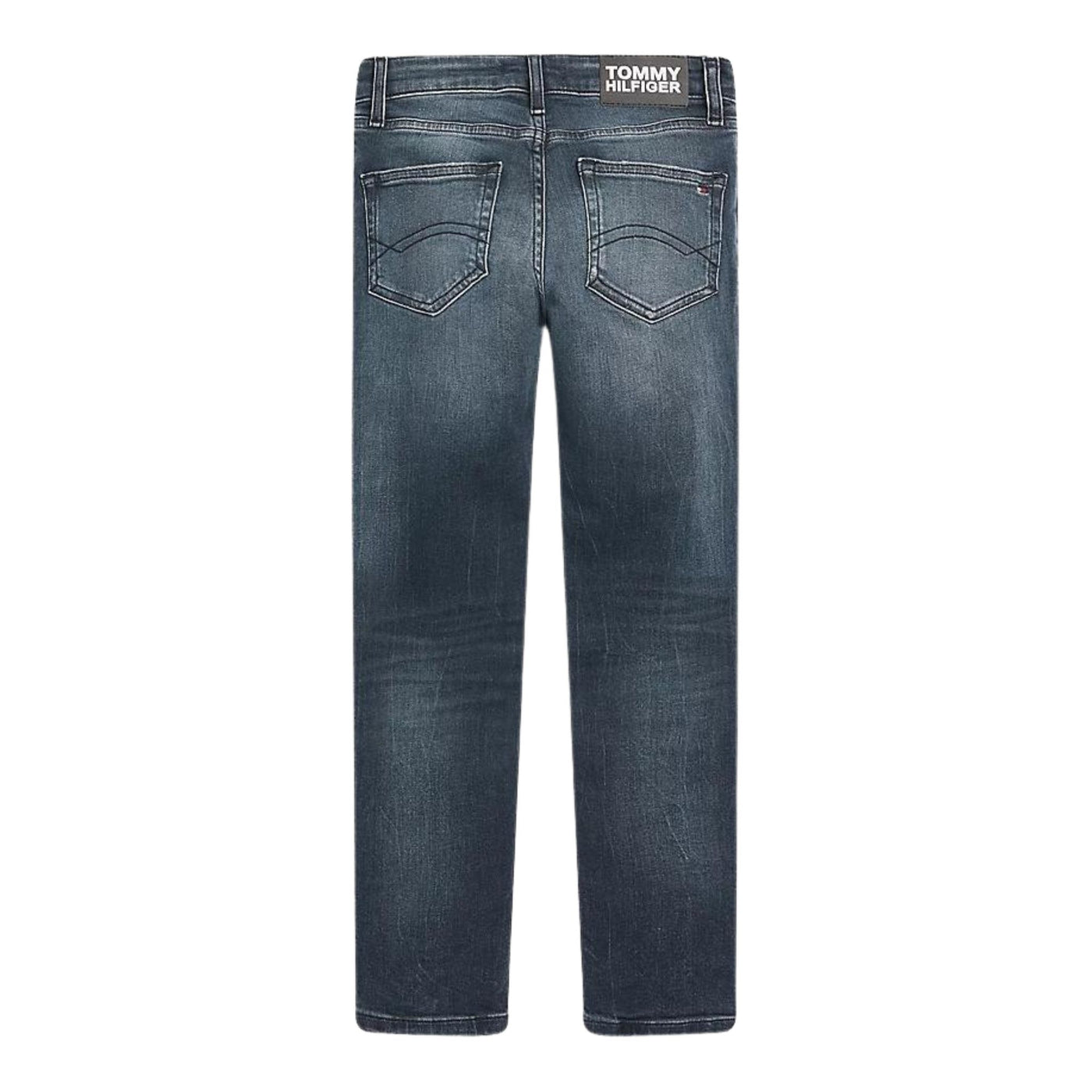 Jeans bambino 8-16 anni in denim scuro. modello a cinque tasche con chiusura zip e dalla vestibilità skinny. Visione dal retro. 