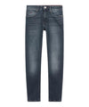 Jeans bambino 8-16 anni in denim scuro. modello a cinque tasche con chiusura zip e dalla vestibilità skinny.