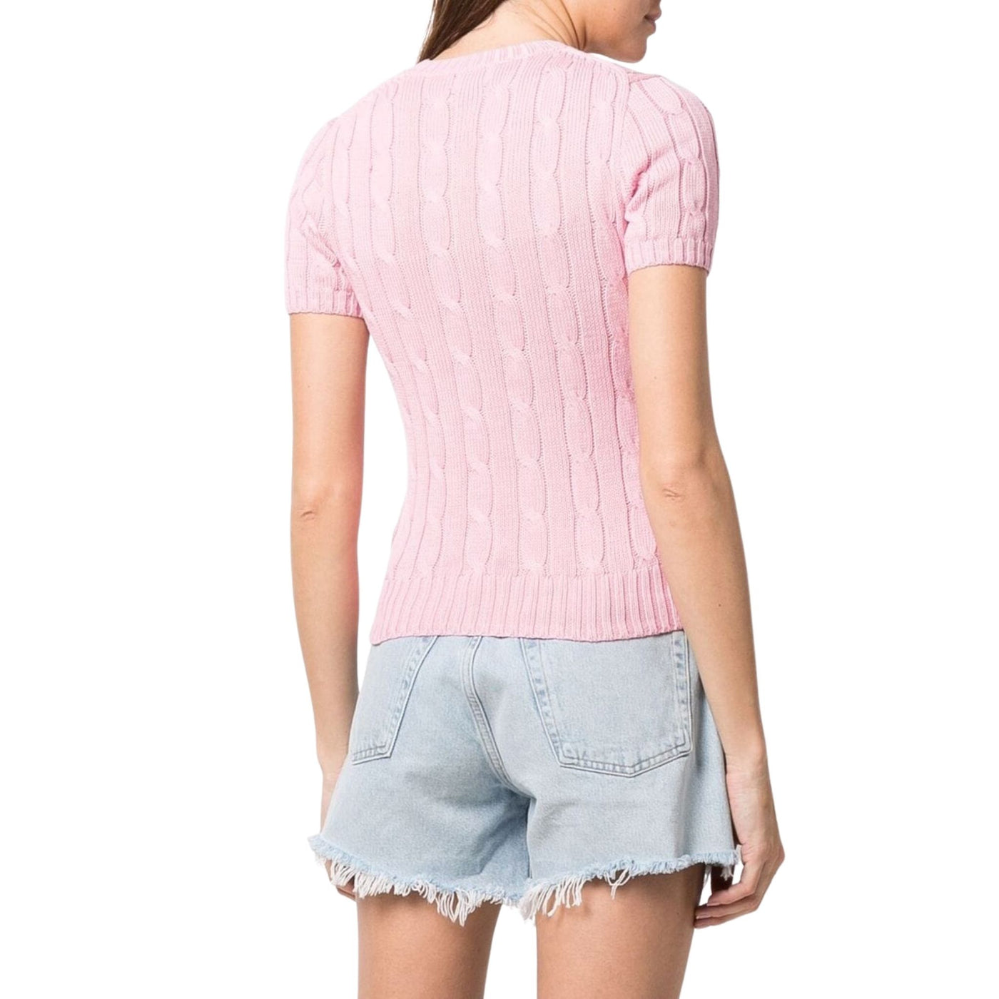 Maglia donna rosa firmata Polo Ralph Lauren su modella vista retro