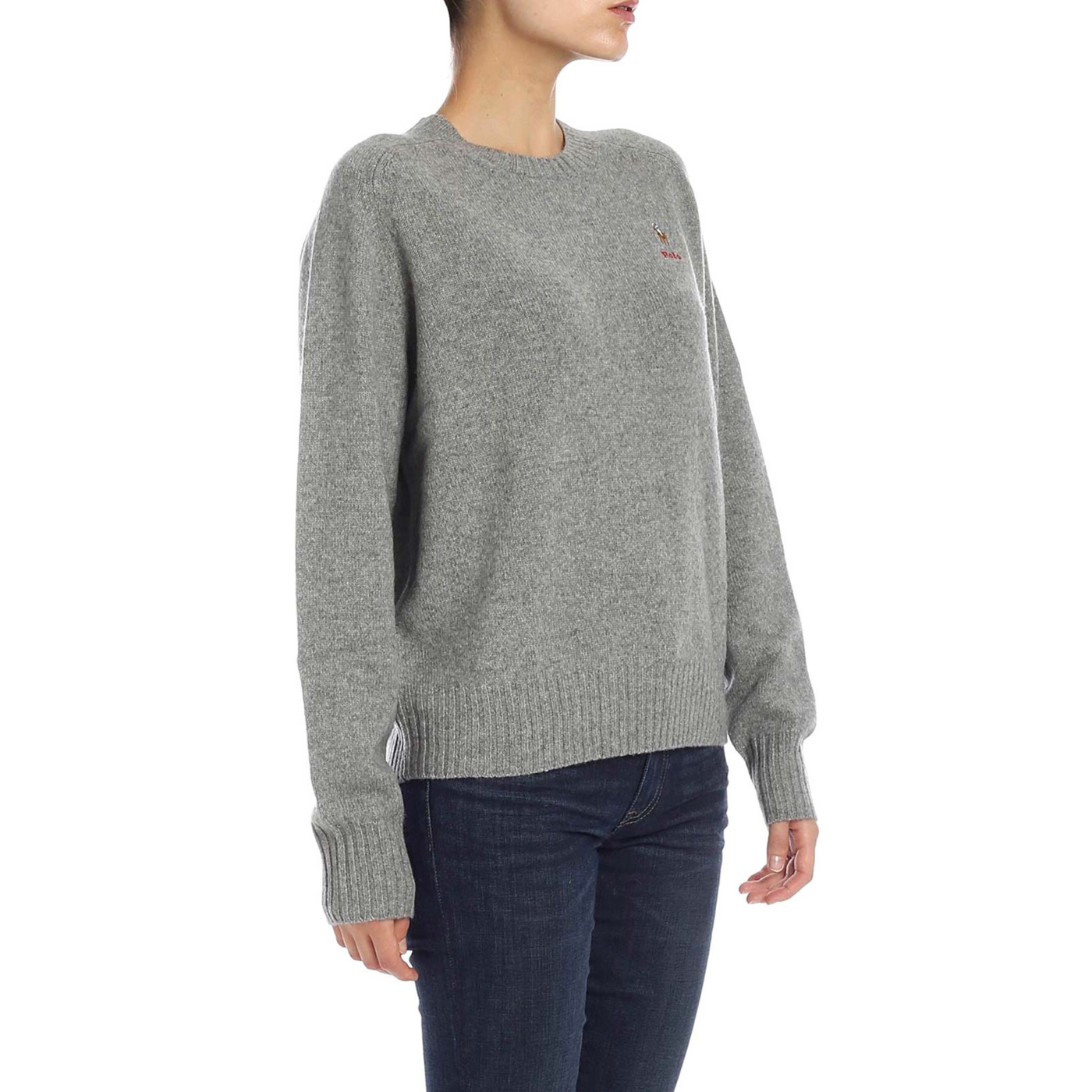 Maglione in lana grigio firmato Polo Ralph Lauren con polsini a coste e logo brand frontale. 