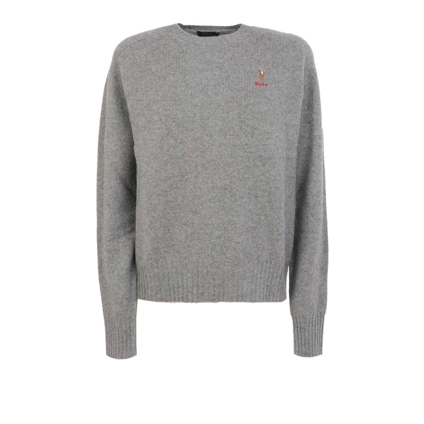 Maglione in lana grigio firmato Polo Ralph Lauren con polsini a coste e logo brand frontale. 