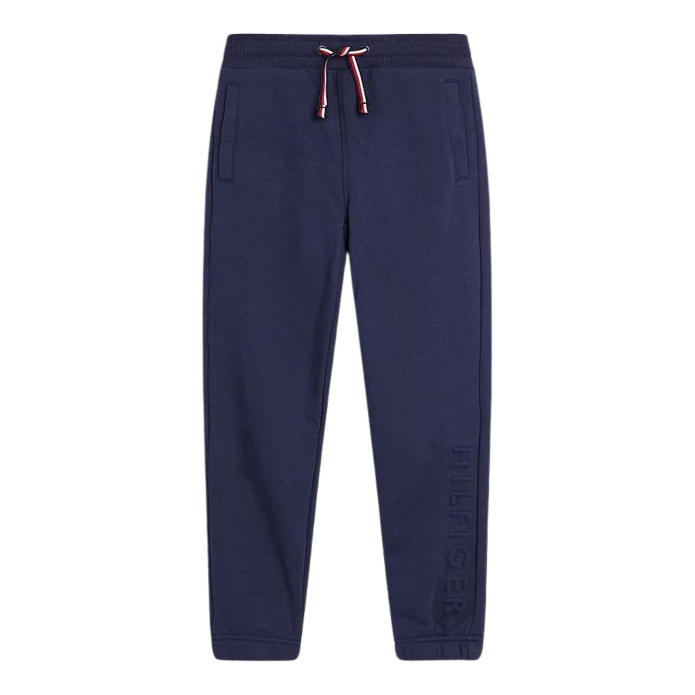 Pantalone jogging da bambino blu con vita elasticizzata e iconico nastro del brand. 