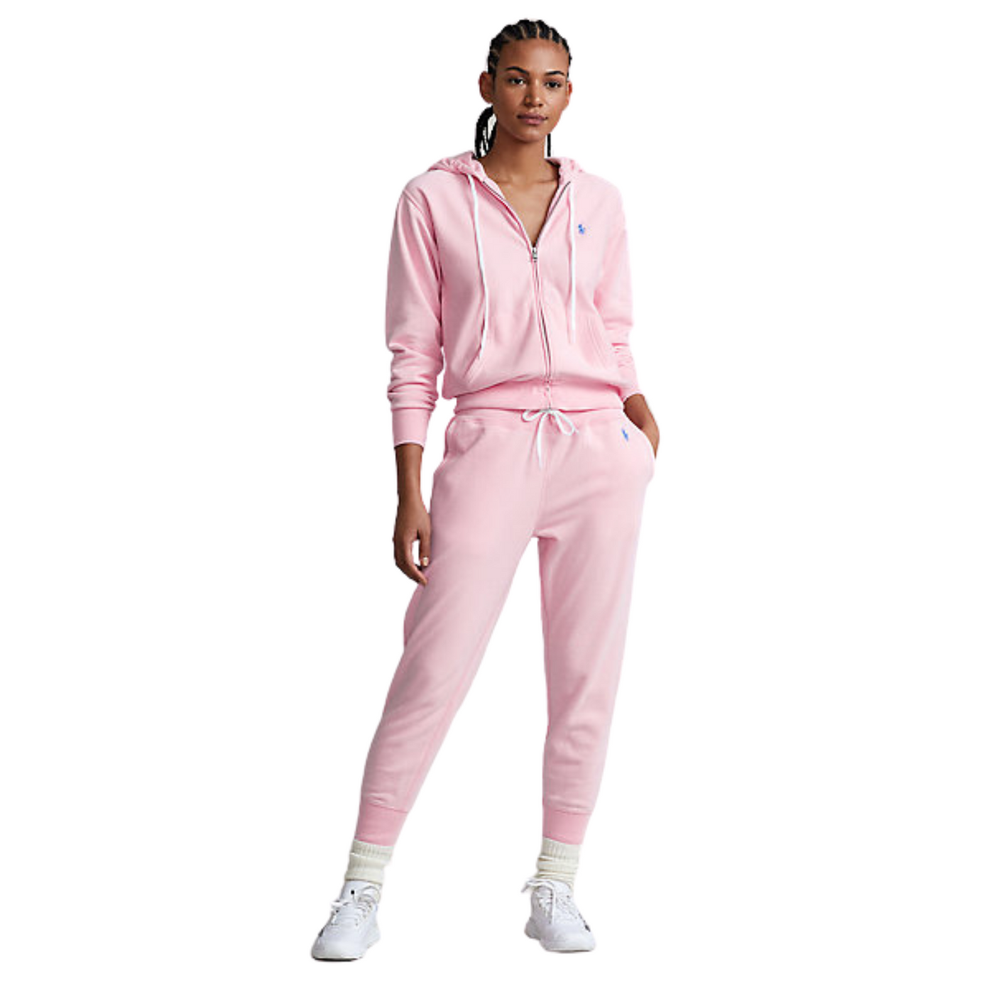 Pantaloni di tuta rosa con coulisse in vita e logo brand frontale a contrasto.