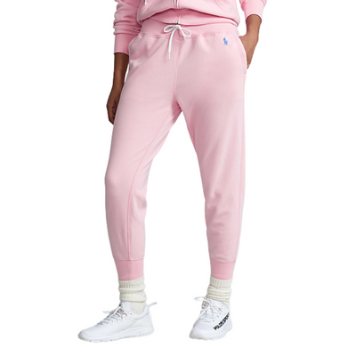Pantaloni di tuta rosa con coulisse in vita e logo brand frontale a contrasto.