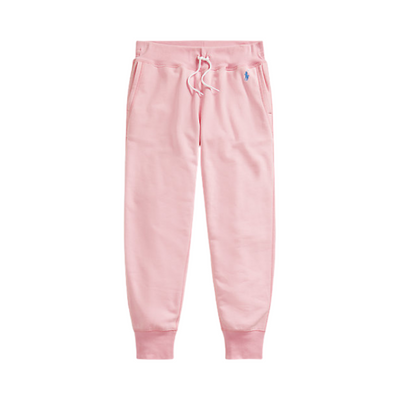 Pantaloni di tuta rosa con coulisse in vita e logo brand frontale a contrasto.