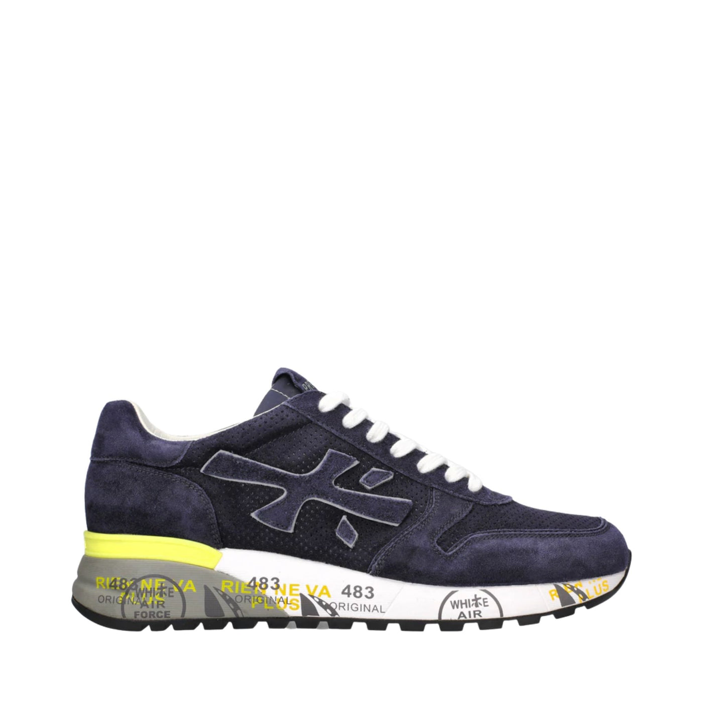 Sneakers uomo blu navy firmate premiata con tomaia in pelle e logo brand posto lateralmente, visuale laterale.