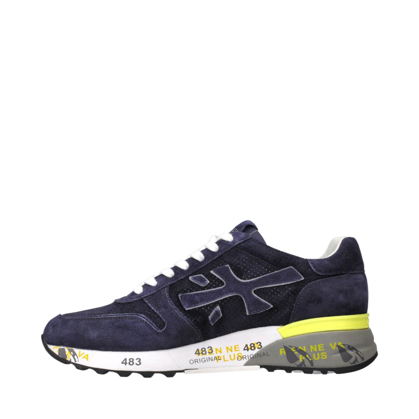 Sneakers uomo blu navy firmate premiata con tomaia in pelle e logo brand posto lateralmente, visuale laterale.