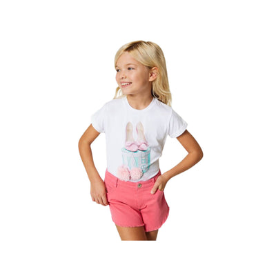 Girl T-shirt with print and pon-pon