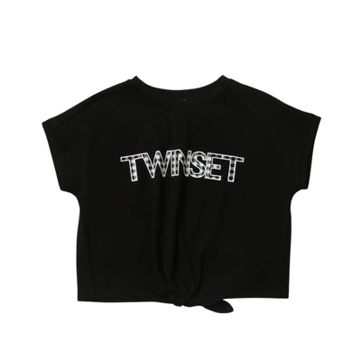 la t-shirt realizzata in jersey di cotone stretch con nodo frontale firmata Twinset
