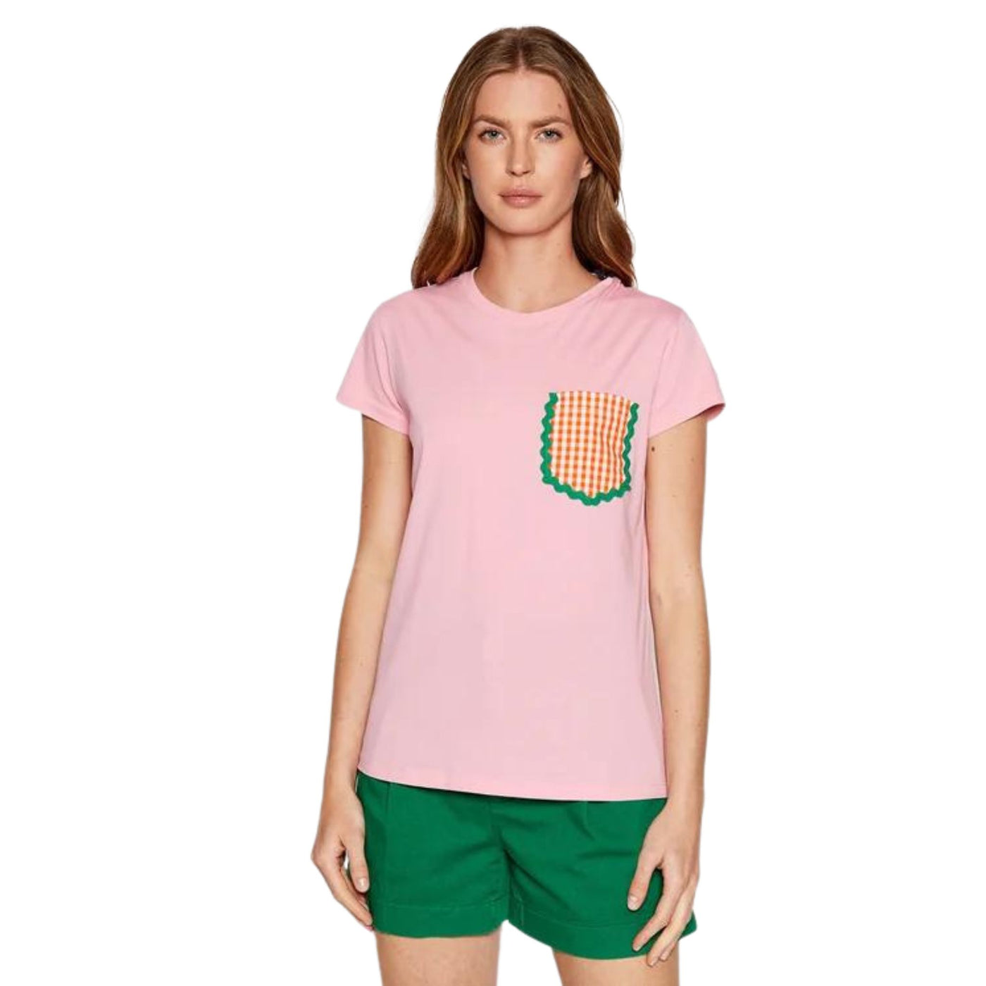 T-shirt da donna rosa firmata Saint Barth su modella vista frontale