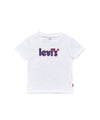 T-shirt bianca tinta unita con scritta del brand. Parte frontale.