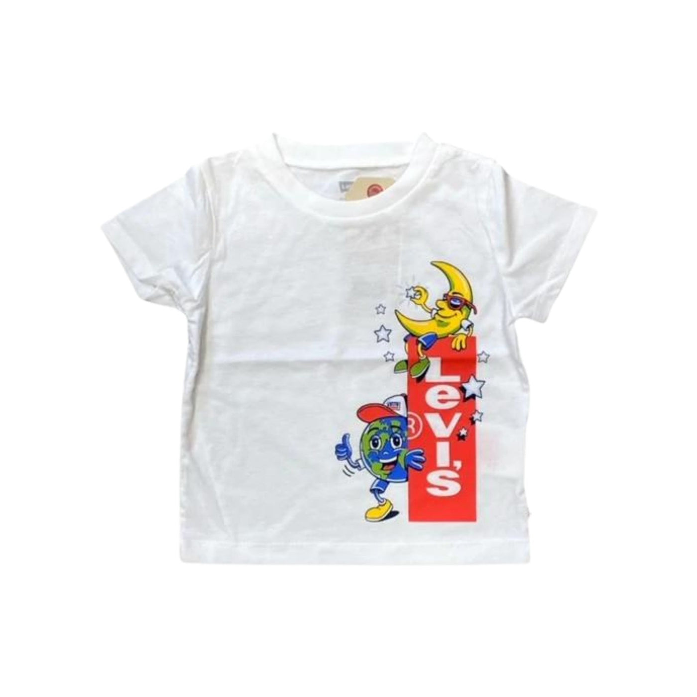T-shirt neonato bianca con stampa della terra e della luna e scritta Levi's. Parte anteriore. 