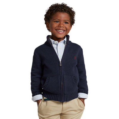 Cardigan Bambino 2-4 anni con collo a lupetto navy indossato