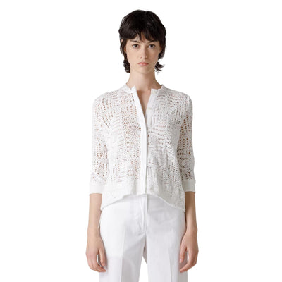 cardigan donna seventy con lavorazione all'uncinetto bianco frontale