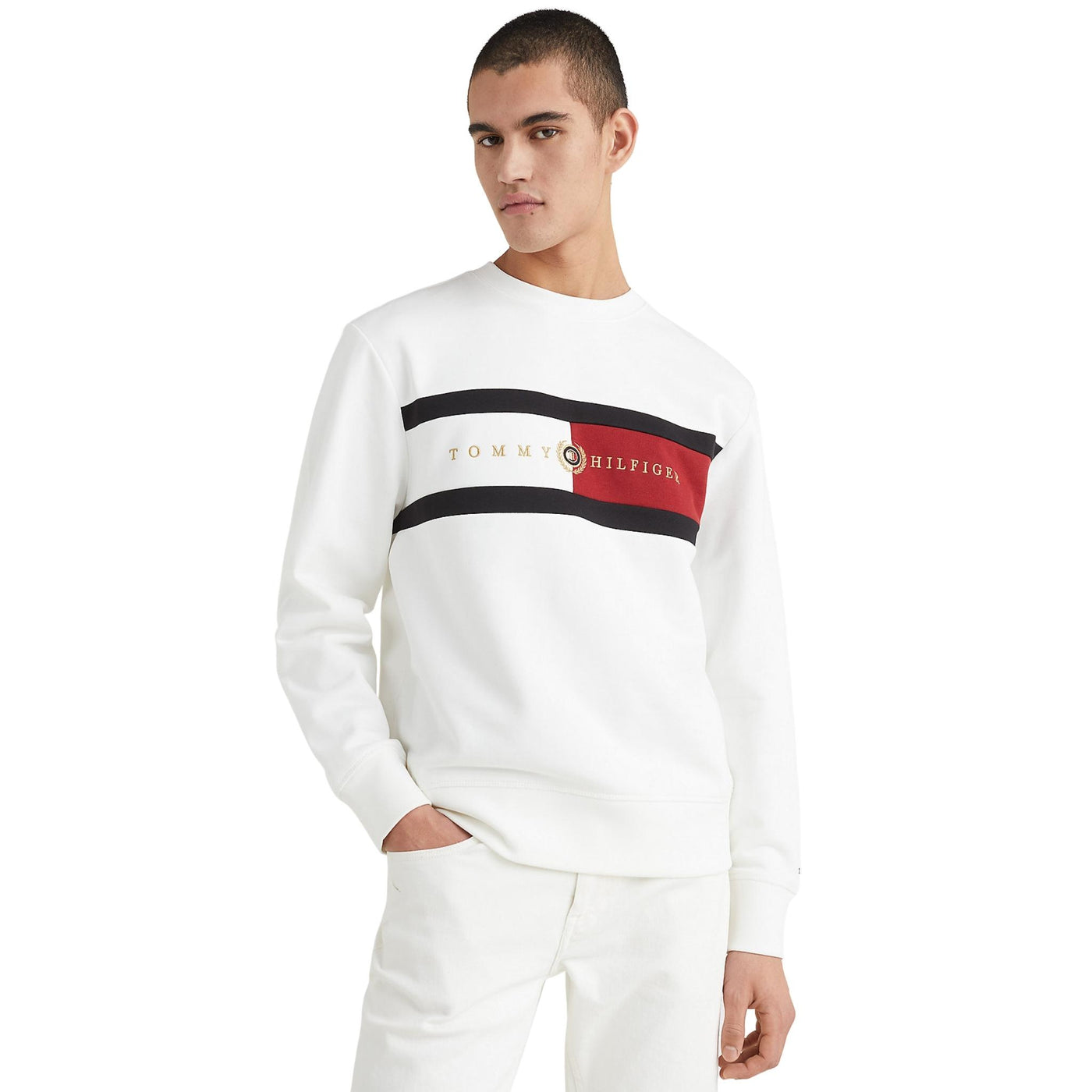 felpa uomo tommy hilfiger in spugna di cotone bianca frontale