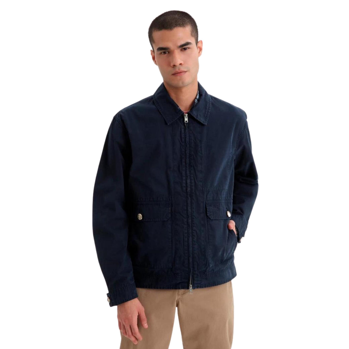 giacca uomo woolrich stile bomber in cotone blu frontale