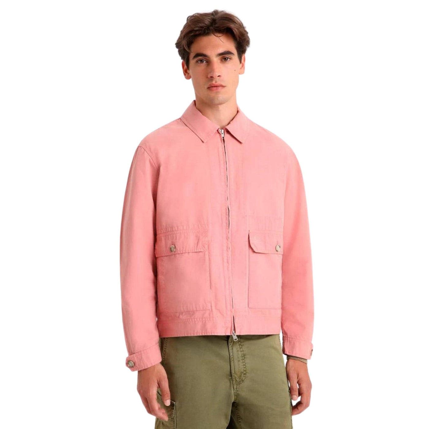 giacca uomo woolrich stile bomber in cotone rosa frontale