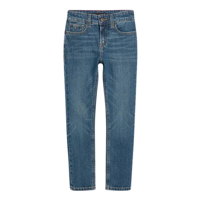 Jeans da bambino 8-16 anni realizzati in misto cotone con cinque tasche e chiusura con bottone e zip. 