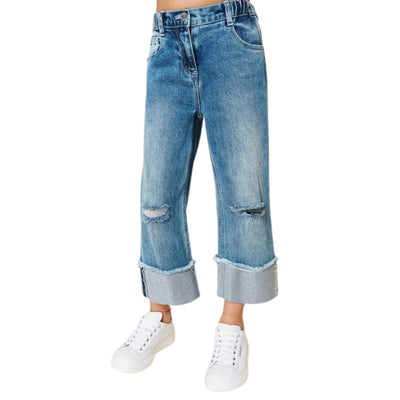 pantaloni jeans bambina twinset con risvolto e logo frontali