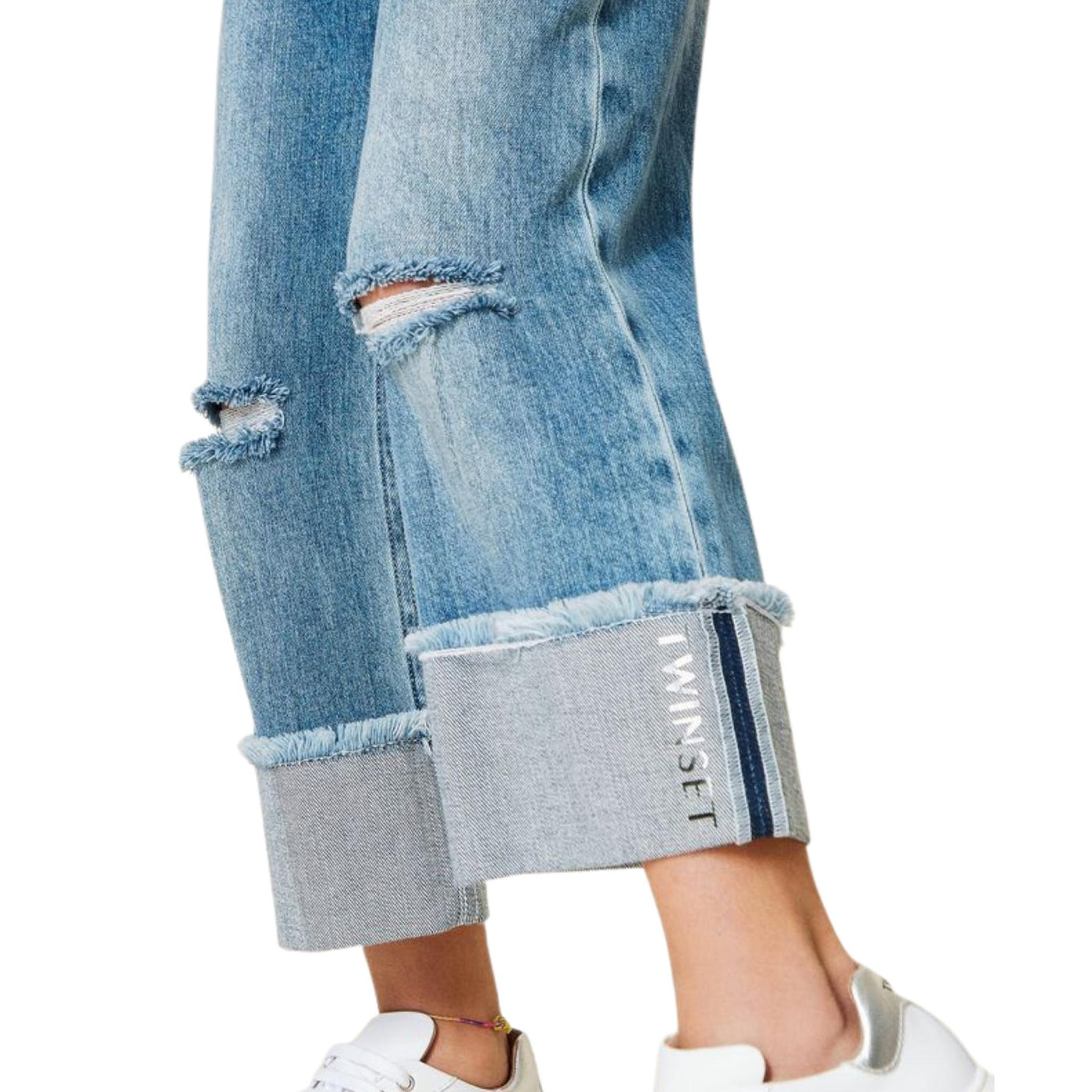 pantaloni jeans bambina twinset con risvolto e logo dettaglio